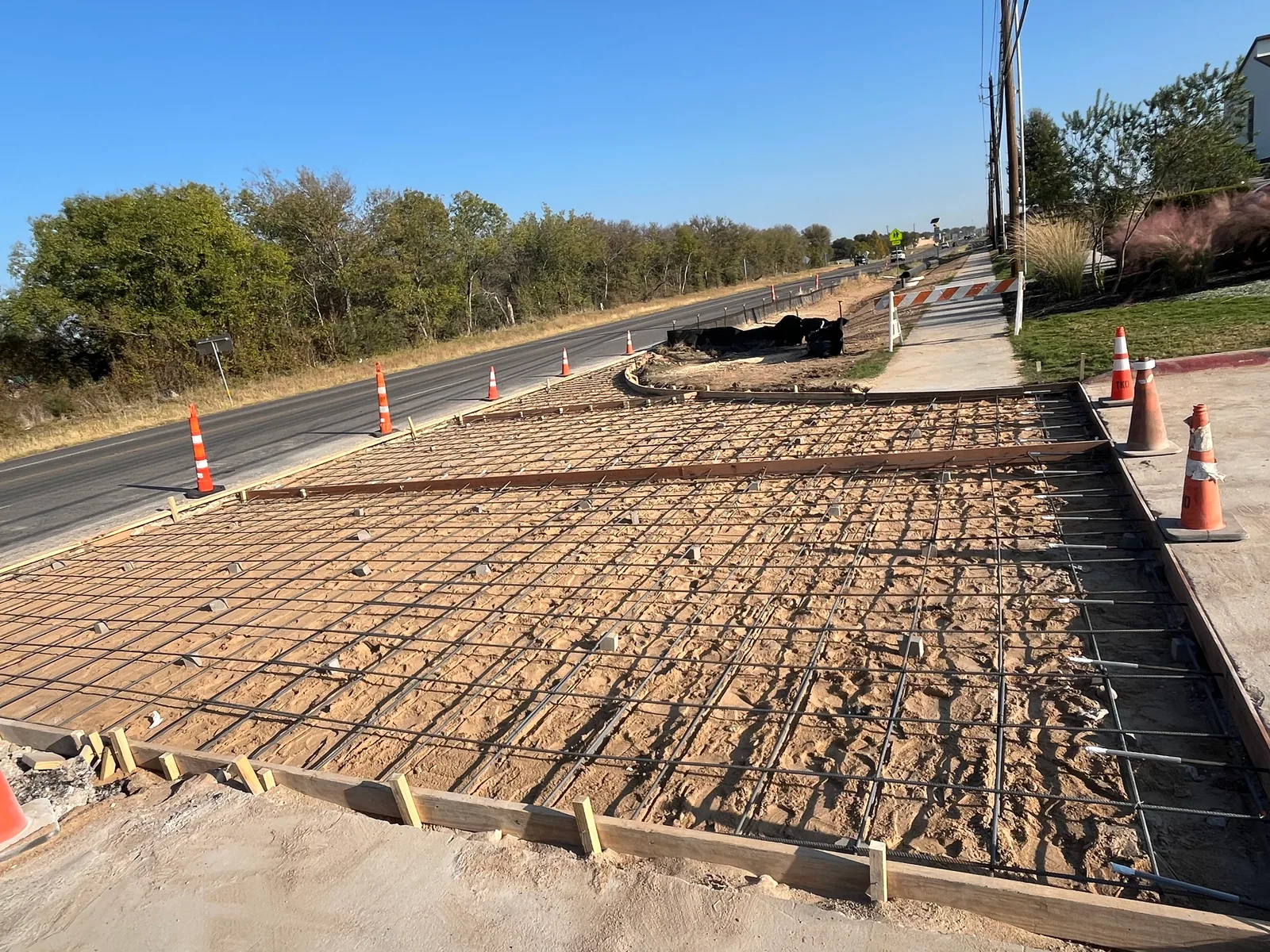 Rebar grid and forms prepared for concrete paving